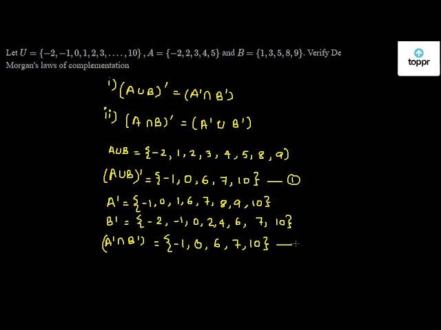 Let U 2 1 0 1 2 3 10 A 2 2 3 4 5 And B 1 3 5 8 9 Verify De Morgan S Laws Of Complementation