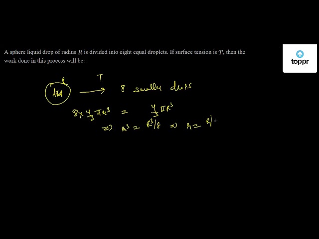 A sphere liquid drop of radius R is divided into eight equal droplets ...