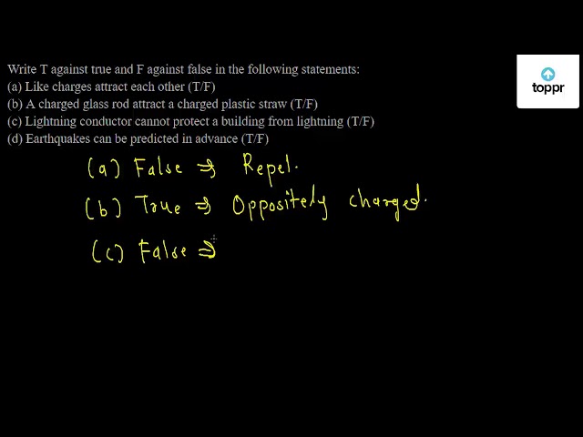 Write T Against True And F Against False In The Following Statements A Like Charges Attract Each Other T F B A Charged Glass Rod Attract A Charged Plastic Straw T F C Lightning Conductor Cannot Protect