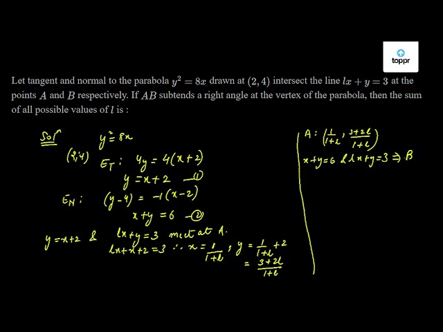 Let Tangent And Normal To The Parabola Y 2 8x Drawn At 2 4 Intersect The Line Lx Y 3 At The Points A And B Respectively If Ab Subtends A