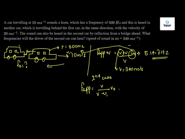 A car travelling at 10 ms^-1 sounds a horn, which has a frequency of ...