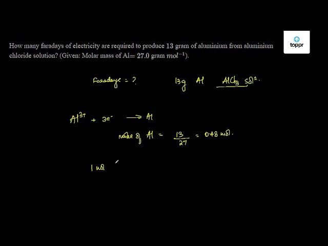 How Many Faradays Of Electricity Are Required To Produce 13 Gram Of Aluminium From Aluminium Chloride Solution Given Molar Mass Of Al 27 0 Gram Mol 1