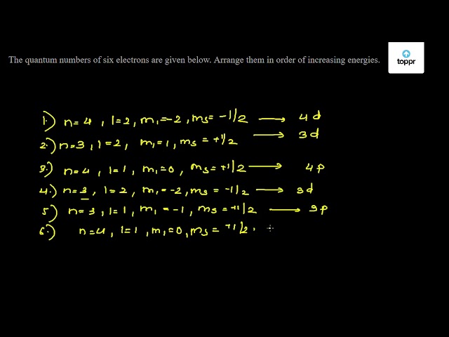 The Quantum Numbers Of Six Electrons Are Given Below Arrange Them In Order Of Increasing Energies 1 N 4 L 2 M1 2 Ms 1 2 2 N 3 L