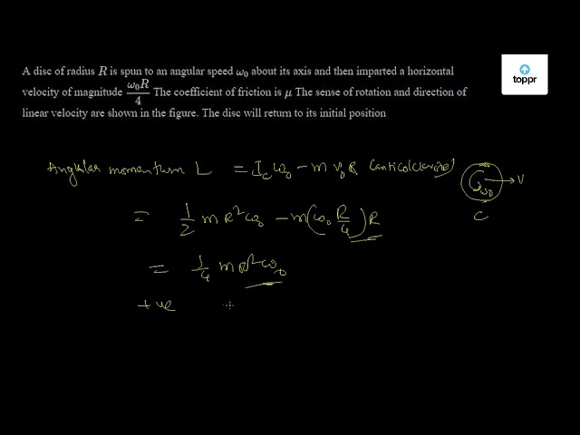 A disc of radius R is spun to an angular speed ω0 about its axis and ...