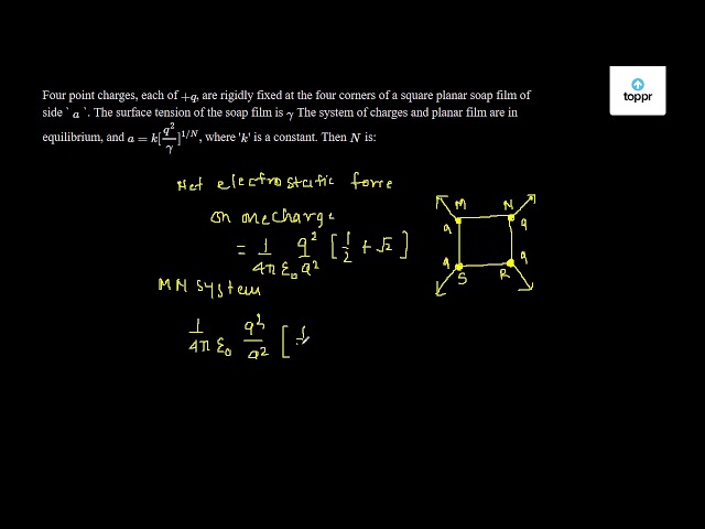 Four Point Charges Each Of Q Are Rigidly Fixed At The Four Corners Of A Square Planar Soap Film Of Side A The Surface Tension Of The Soap