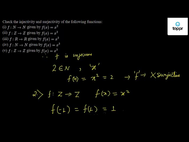 Check The Injectivity And Surjectivity Of The Following Functions I F N N Given By F X X 2 Ii F Z Z Given By F X X 2 Iii F R