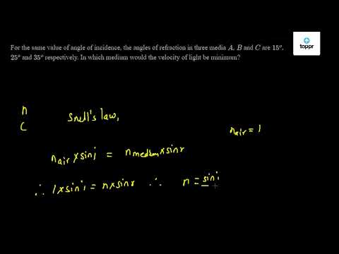 For The Same Value Of Angle Of Incidence The Angles Of Refraction In Three Media A B And C Are 15 O 25 O And 35 O Respectively In Which Medium Would The