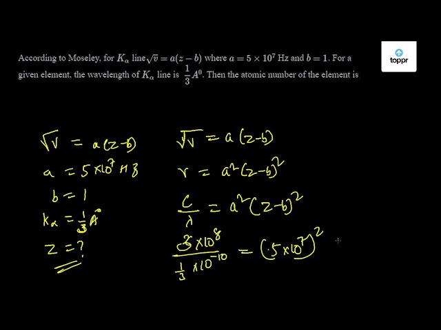 According To Moseley For Kalpha Line V A Z B Where A 5 10 7 Hz And B 1 For A Given Element The Wavelength Of Kalpha Line