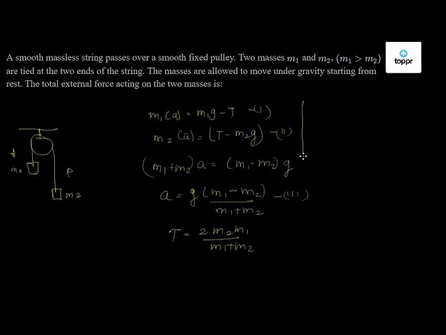 A smooth massless string passes over a smooth fixed pulley. Two masses ...