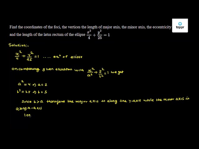 Find The Coordinates Of The Foci The Vertices The Length Of Major Axis The Minor Axis The Eccentricity And The Length Of The Latus Rectum Of The Ellipse X 2 4 Y 2 25 1